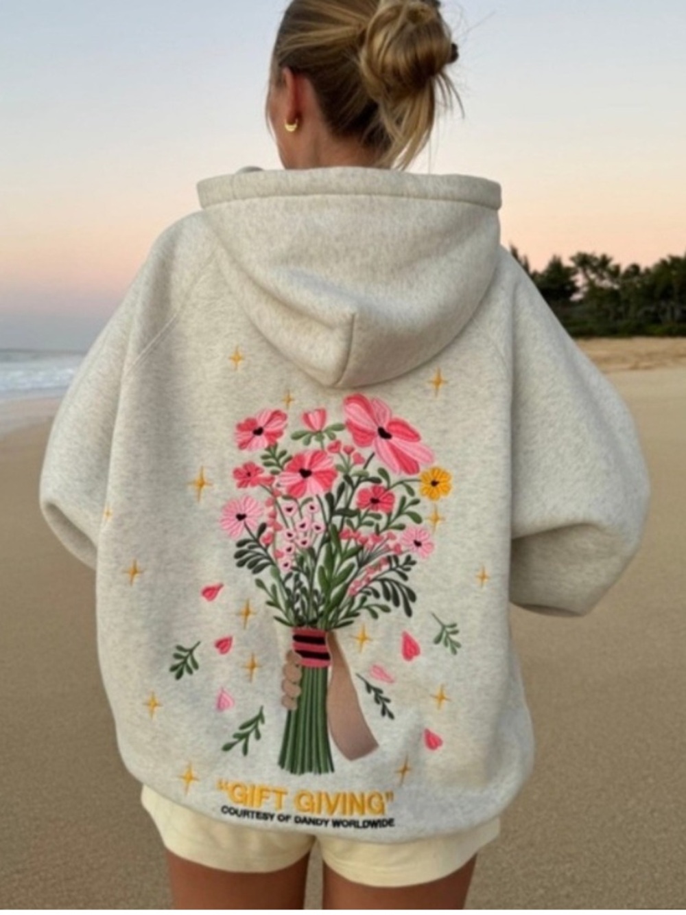 NWT Dandy Worldwide Oversized Heather Gray Gift Giving Embroidered Hoodie